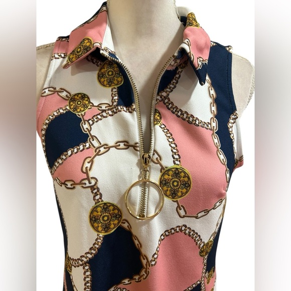 Boston Proper RETRO 60s twiggy style pink navy Sleeveless Chain Print dress - Picture 2 of 6